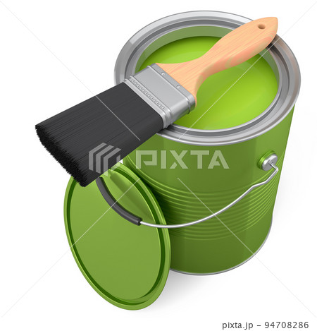 Open metal can or buckets with paint bristle brush on white background. Open metal can or buckets with paint bristle brush on white background. 94708286