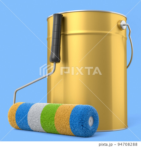 Open metal can with paint roller for painting walls on blue background. Open metal can with paint roller for painting walls on blue background. 94708288