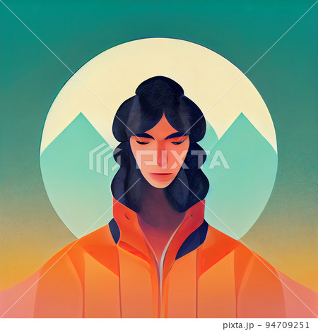Portrait of a rock climber. Stylized man on the background of mountains. Mountain traveler portrait. Digital illustration. 94709251