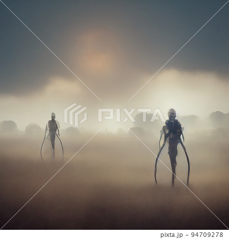 Alien civilization with humanoids. Aliens on an extraterrestrial civilization. Digital illustration. Alien civilization with humanoids. Aliens on an extraterrestrial civilization. Digital illustration. 94709278