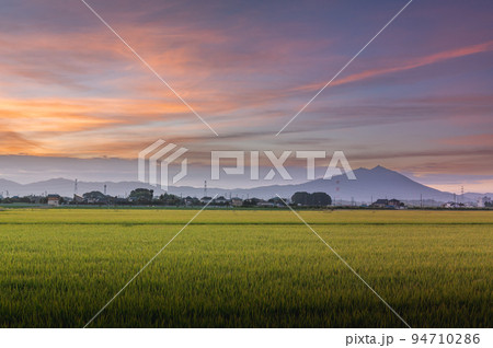 茨城県筑西市　母子島遊水地の朝焼けと筑波山 94710286