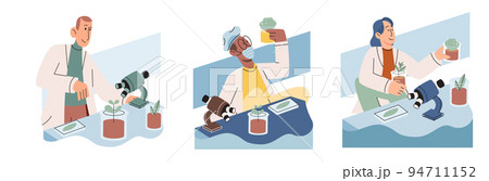 Scientist examining plant species using laboratory microscope. Eco friendly technology research 94711152