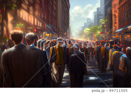 crowd of office suit wearing people walking to work at downtown street, neural network generated art 94711505