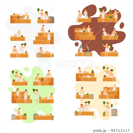 Sauna and steam room. Set of people in sauna. People relax and steam with birch brooms in banya Sauna and steam room. Set of people in sauna. People relax and steam with birch brooms in banya 94712117