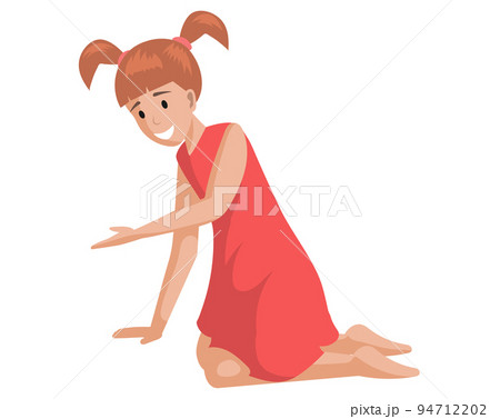 Girl in dress sits and smiles. Funny lady with ponytails sitting ang pointing at something 94712202