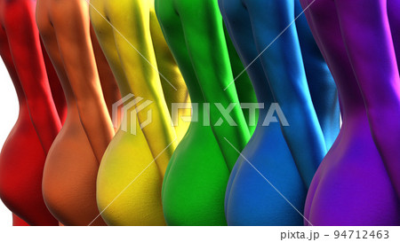 3d illustration. Close-up of multicolored naked female buttocks. Rainbow. metal. 94712463