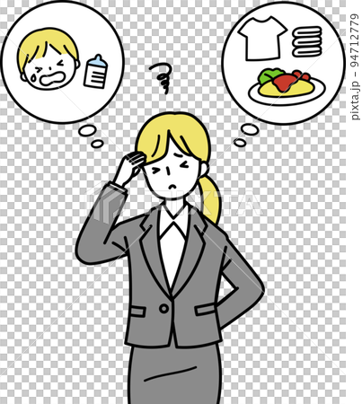 家事育児と仕事の両立に悩むスーツを着た女性のイラスト 家事育児と仕事の両立に悩むスーツを着た女性のイラスト 94712779