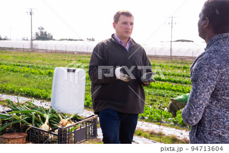 Two farmers talking among themselves during a break in work on the field 94713604