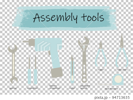 Illustration set of assembly tools Blue Illustration set of assembly tools Blue 94713635