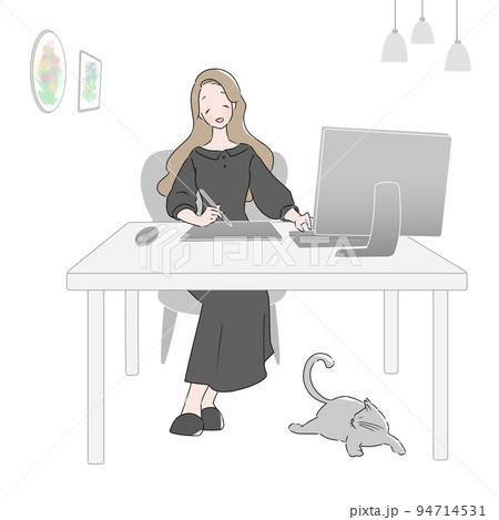 笑顔でペンタブレットを使用しながらPCを操作する女性　猫と素敵なインテリア 94714531