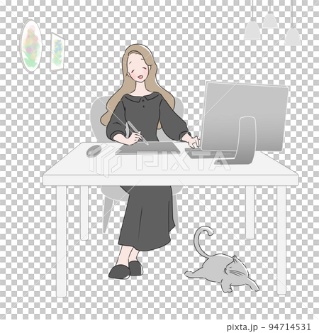 笑顔でペンタブレットを使用しながらPCを操作する女性　猫と素敵なインテリア 94714531