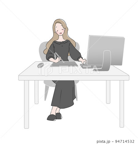 笑顔でペンタブレットを使用しながらPCを操作する女性 94714532