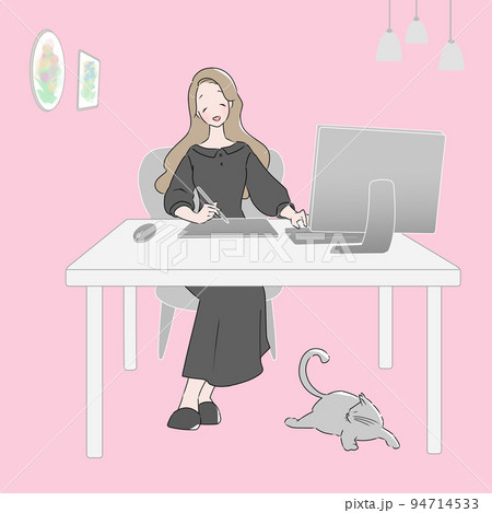 笑顔でペンタブレットを使用しながらPCを操作する女性 猫と素敵なインテリア 背景ピンク 笑顔でペンタブレットを使用しながらPCを操作する女性 猫と素敵なインテリア 背景ピンク 94714533