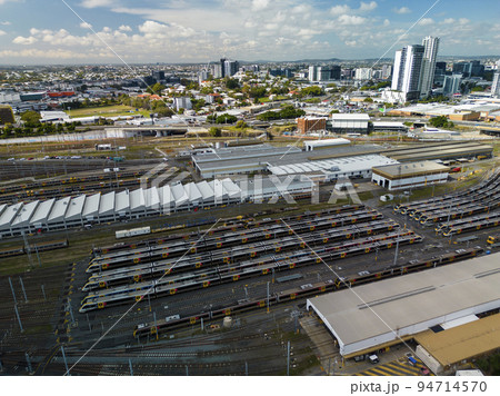 Aerial view of train depot in Brisbane, Australia 94714570