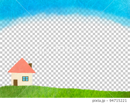 Landscape illustration of a house built in a tranquil meadow drawn with Japanese paper torn pictures 94715221