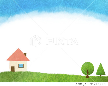和紙のちぎり絵で描いたのどかな草原の中に建つ家の風景イラスト 和紙のちぎり絵で描いたのどかな草原の中に建つ家の風景イラスト 94715222