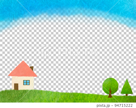 和紙のちぎり絵で描いたのどかな草原の中に建つ家の風景イラスト 和紙のちぎり絵で描いたのどかな草原の中に建つ家の風景イラスト 94715222