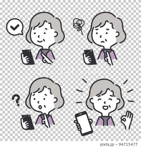 Illustration of a senior woman operating a smartphone Expression reaction set 94715477