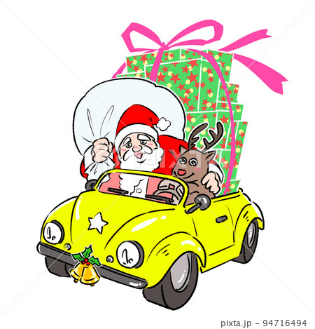 自動車に乗ったサンタさん クリスマスにプレゼントを満載し車で配達する笑顔のサンタさんと