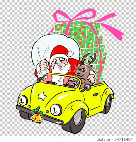 クリスマスにプレゼントを満載し車で配達する笑顔のサンタさんと
