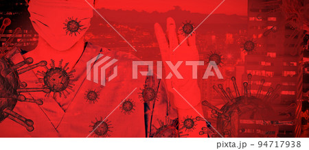 Composite image of young female doctor holding a thermometer. Testing for Coronavirus pandemic 94717938