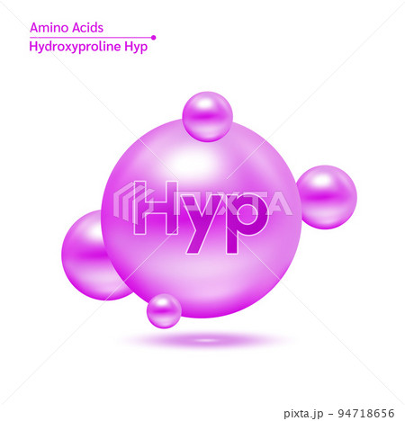 Hydroxyproline amino acid capsules vitamins complex minerals. 3D Model of molecule purple isolated on white background. 94718656