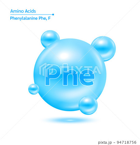 Phenylalanine amino acid capsules vitamins complex minerals. 3D Model of molecule blue isolated on white background.  94718756