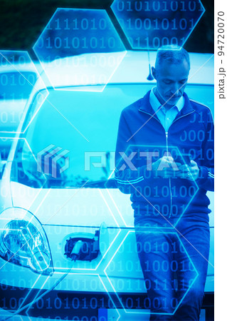 Composite image of black background with shiny hexagons 94720070