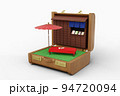 3D rendered illustration. Chaya, the Japanese tea hose in a open suitcase. Red umbrella and bench with red clothes. Concept of travel to Japan. 94720094