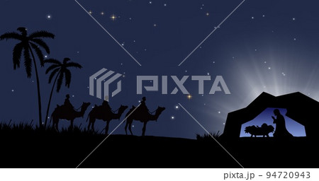 Illustration of men riding on camels watching baby jesus christ in tent against starry sky at night 94720943