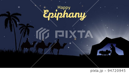 Illustration of kings riding on camels watching baby jesus christ in tent and happy epiphany text 94720945
