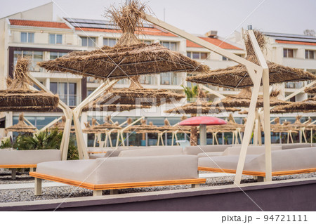 Sun umbrellas and deckchairs on the Copacabana beach, part of Great Beach Velika Plaza in Ulcinj. Location: Ulcinj, Montenegro, Balkans, Europe Sun umbrellas and deckchairs on the Copacabana beach, part of Great Beach Velika Plaza in Ulcinj. Location: Ulcinj, Montenegro, Balkans, Europe 94721111