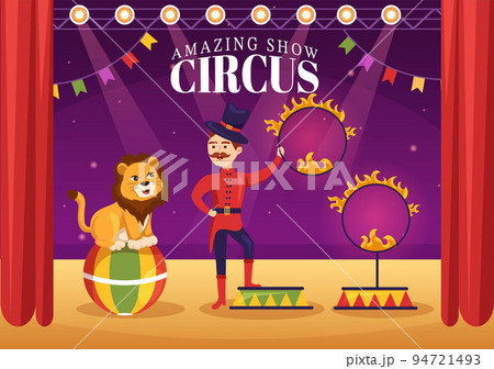 Circus Template Hand Drawn Cartoon Flat Illustration with Show of Gymnast, Magician, Animal Lion, Host, Entertainer, Clowns and Amusement Park 94721493