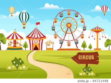 Circus Template Hand Drawn Cartoon Flat Illustration with Show of Gymnast, Magician, Animal Lion, Host, Entertainer, Clowns and Amusement Park 94721498