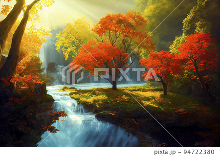 秋の紅葉と光が差し込む川「AI生成画像」 94722380