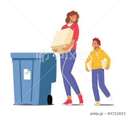 Mother and Son Throw Garbage into Containers with Sign for Recycle Paper. Woman Use Bin for Collecting Litter Mother and Son Throw Garbage into Containers with Sign for Recycle Paper. Woman Use Bin for Collecting Litter 94722655