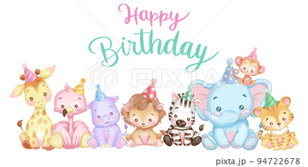 かわいい動物の水彩タッチのイラスト。お誕生日のベクターデザイン。 Happy Birthday かわいい動物の水彩タッチのイラスト。お誕生日のベクターデザイン。 Happy Birthday 94722678