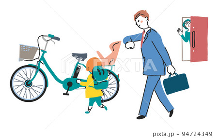 電動アシスト付き自転車で出かける親子と見送る母親　イラスト素材 94724349