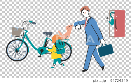 電動アシスト付き自転車で出かける親子と見送る母親　イラスト素材 94724349