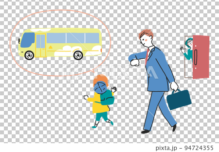 前往校車站的父母和孩子和母親送他們離開的插圖素材 94724355