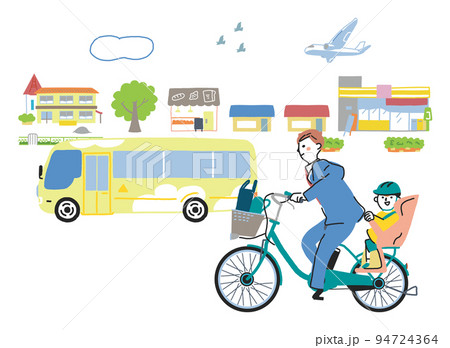 電動アシスト付き自転車で通園する親子　イラスト素材							 94724364
