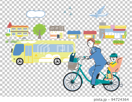 Parent and child going to kindergarten by bicycle with electric assist Illustration material 94724364