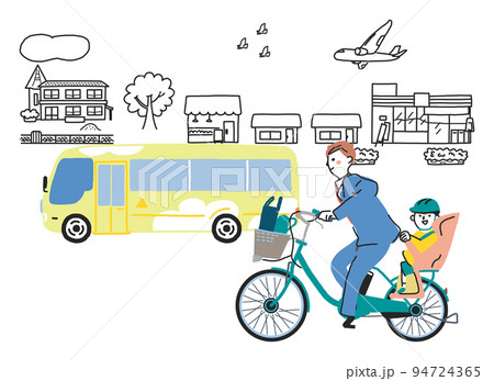 電動アシスト付き自転車で通園する親子　イラスト素材							 94724365