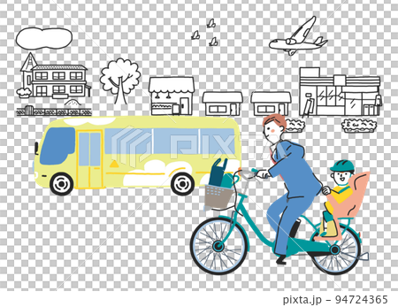 電動アシスト付き自転車で通園する親子　イラスト素材							 94724365
