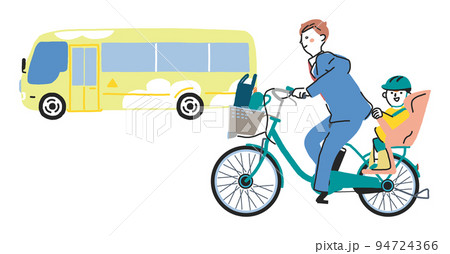 電動アシスト付き自転車で通園する親子　イラスト素材							 94724366