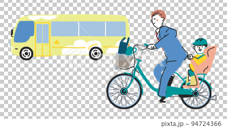 電動アシスト付き自転車で通園する親子　イラスト素材							 94724366