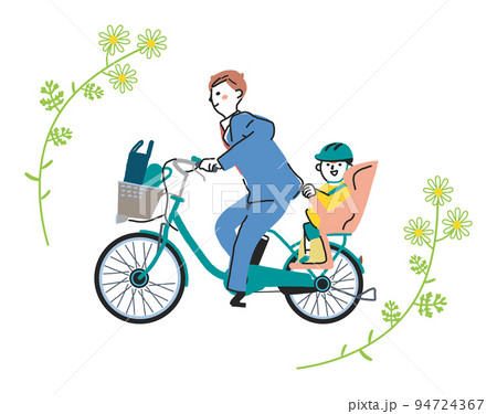 電動アシスト付き自転車で通園する親子　イラスト素材							 94724367