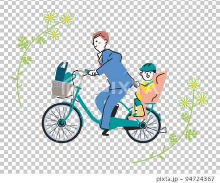 Parent and child going to kindergarten by bicycle with electric assist Illustration material 94724367