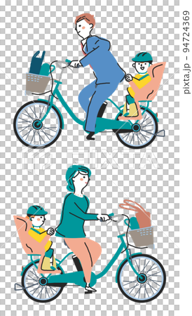 Parent and child going to kindergarten by bicycle with electric assist Illustration material 94724369