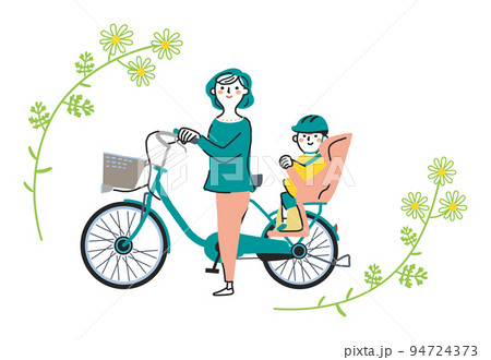 電動アシスト付き自転車を押す母親とシートに座る子ども　イラスト素材 94724373
